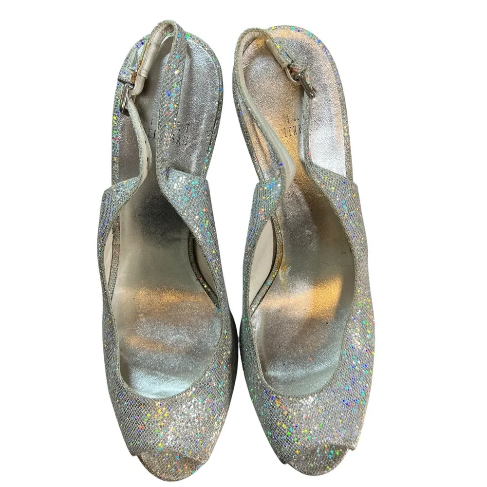 Stuart Weitzman Heels Silver Glitter Peep Toe Platform Slingback‎ US 10